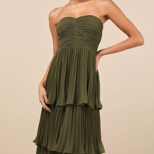 Lulus Seriously Sensational Olive Green Strapless Tiered Maxi Dress - Size M
